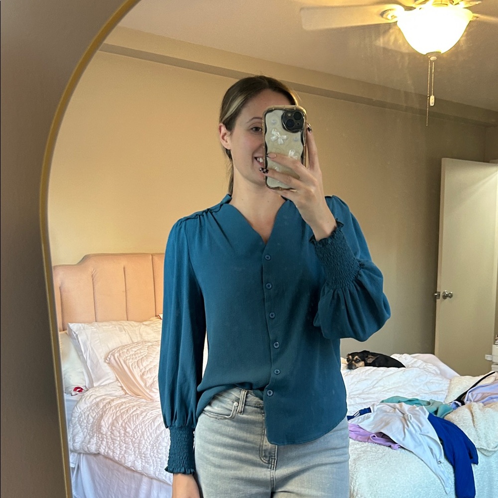 Amazon Teal Blouse with Smocked Cuffs
